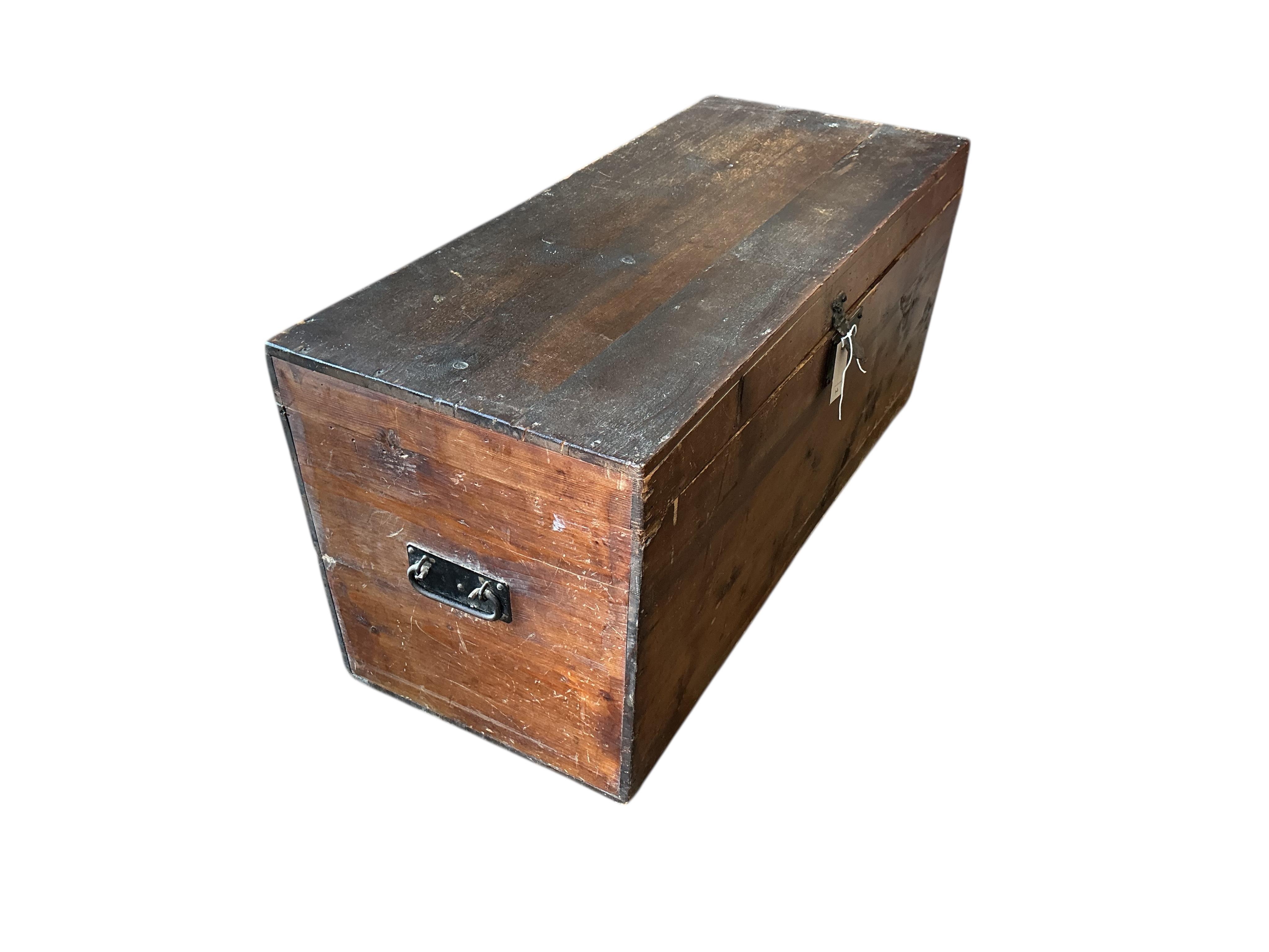 A Victorian rectangular pine trunk, width 91cm, depth 39cm, height 41cm